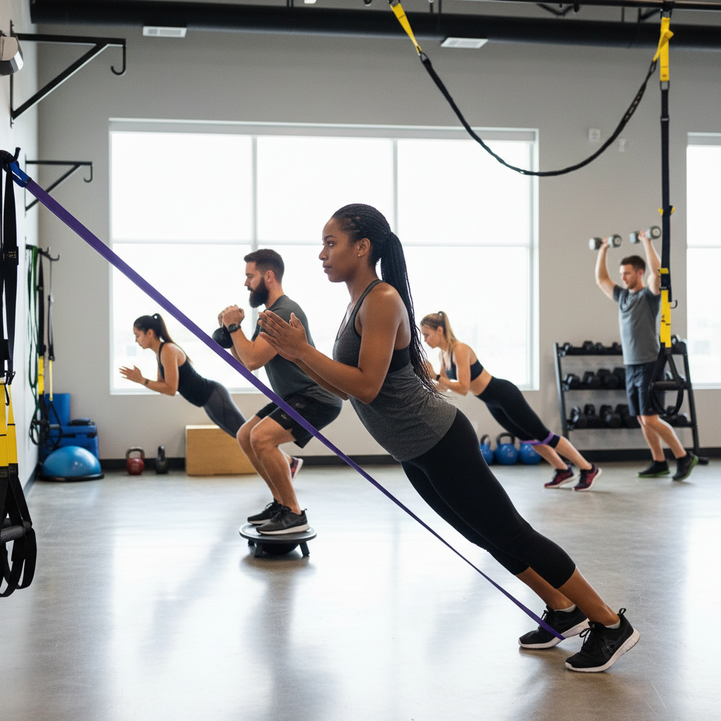  Athletes performing strength training and functional exercises at physical therapy clinic in Pasadena for injury recovery and peak performance