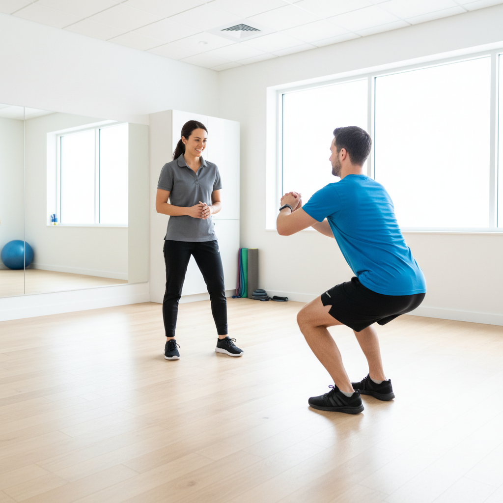  Physical therapist providing one-on-one movement assessment to active adult in Edmond physical therapy clinic